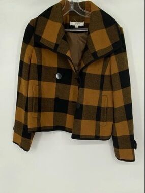 LOFT Black and Mustard Plaid Pea Coat